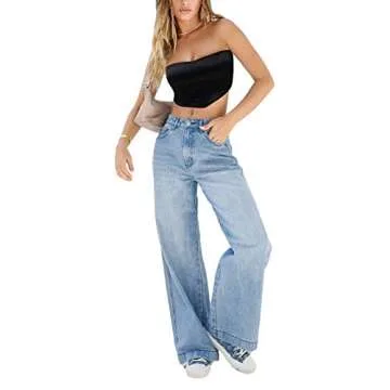 Covvoliy Women's Wide Leg Boyfriend Jeans Straight Leg Denim Pants Low Rise Baggy Jeans Casual Loose Jeans (Dark Blue, S), Small