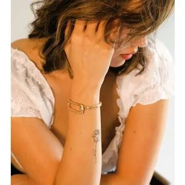 POMINA Chunky Gold Fashion Bangle Cuff Bracelet Geometric Shape Tension Bangle Wide Thick Chain Stretch Gold Bracelet for Women (Square Gold)