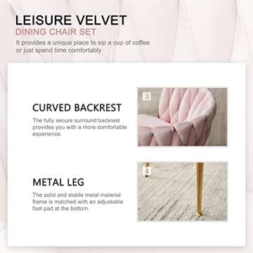 Nrizc Woven Dining Chairs Set of 2, Velvet Upholstered Dining Chairs with Gold Metal Legs, Modern Accent Chairs for Living Room, Dining Room, Kitchen (Pink)