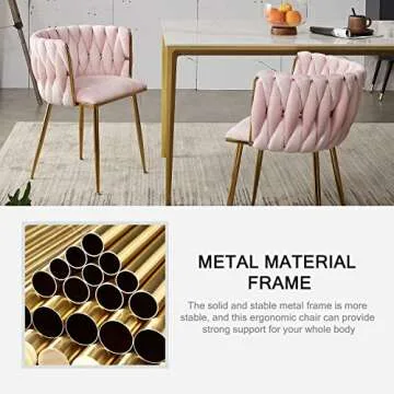 Nrizc Woven Dining Chairs Set of 2, Velvet Upholstered Dining Chairs with Gold Metal Legs, Modern Accent Chairs for Living Room, Dining Room, Kitchen (Pink)