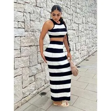 GORGLITTER 2 Piece Color Block Halter Top Maxi Skirt Set