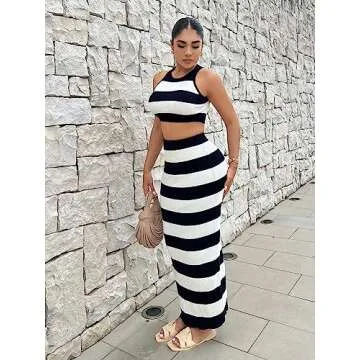 GORGLITTER 2 Piece Color Block Halter Top Maxi Skirt Set