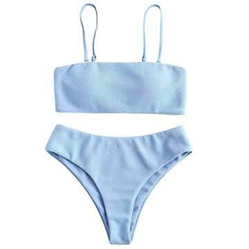 ZAFUL Women's Textured Bandeau Bikini Set Two Piece Strapless High Cut String Swimsuit Sky Blue S