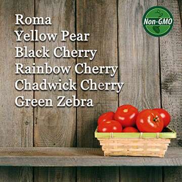 6 Varieties Non-GMO Heirloom Organic Cherry Tomato Seeds – Yellow Pear Tomato Seeds, Black Cherry Seeds, Roma Tomato Seeds Organic, Rainbow Cherry Tomatoes, Green Zebra Tomato Seeds, Chadwick Cherry