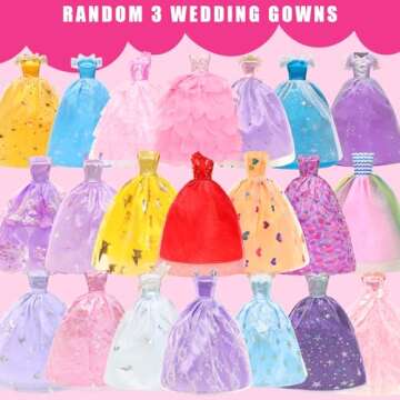 57 PCS Doll Clothes and Accessories 3 Wedding Gowns 3 Tops 3 Pants 3 Fashion Dresses 1 Evening Dress...
