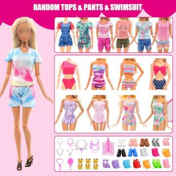 57 PCS Doll Clothes and Accessories 3 Wedding Gowns 3 Tops 3 Pants 3 Fashion Dresses 1 Evening Dresses 2 Swimsuits Bikini 6 Braces Skirt 10 Hangers 15 Shoes and 14 Accessories Toys for 11.5 inch Doll
