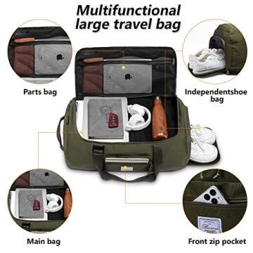 Brozoza Travel Duffle Bag for Men 65L Large Size Traveling Duffel Bag Weekender Overnight with Shoes Compartment Multifunctional Sports Gym Bags (Green)