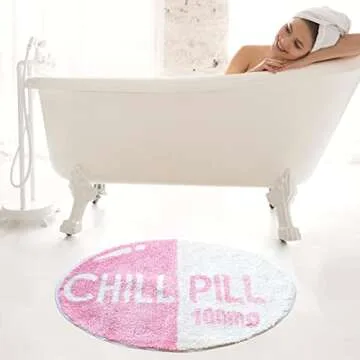 Evovee Pink Chill Pill Rug Funny Bath Mat Cute Bathroom Decor Shower Rugs Funky Bedroom Aesthetic Fun Round Preppy Cool Apartment College Washable Novelty Bathmat Peach Blush