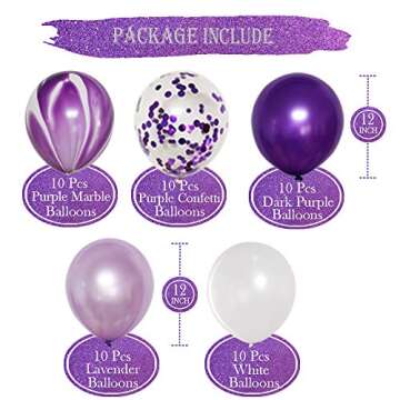 JOJO FLY 50 Pcs 12 Inches Purple and White Balloons, Purple Confetti Balloons, Purple and Lavender B...