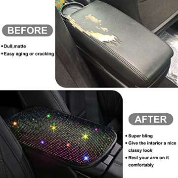Bling Diamond Center Console Cover, Soft Armrest Cover for Car with Glitter Rhinestone, Universal Console Pad Car Accessories, Cute Car Decor for Women Girl (FSD)