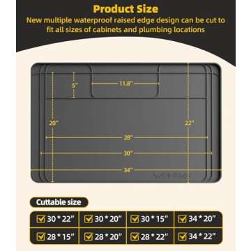 Under Sink Mats for Kitchen Waterproof, 34" X 22" Or Smaller Cut to Fit Under Sink Drip Tray for Kitchen Bathroom Cabinets, Silicone Liner Hold Up to 3.3 Gallons Liquid - Grey