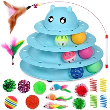 UPSKY 20 PCS Cat Toys Set - Interactive Roller, Teaser Wands & Fun Balls for Indoor Cats