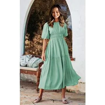ECOWISH Summer Dresses for Women 2025 Casual Short Puff Sleeve Crew Neck Smocked High Waist A Line Tiered Midi Dress Light Green Small