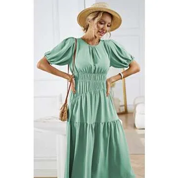 ECOWISH Summer Dresses for Women 2025 Casual Short Puff Sleeve Crew Neck Smocked High Waist A Line Tiered Midi Dress Light Green Small