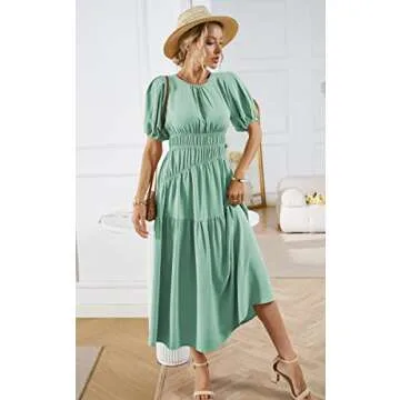 ECOWISH Summer Dresses for Women 2025 Casual Short Puff Sleeve Crew Neck Smocked High Waist A Line Tiered Midi Dress Light Green Small