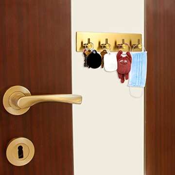 Picowe Key Holder for Wall Decorative, Adhesive Stainless Steel Key Hooks, Key Hanger Key Organizer for Wall, Towel Hook Coat Hanger for Entryway Hallway Kitchen(Four Rows,Golden 1PCS)