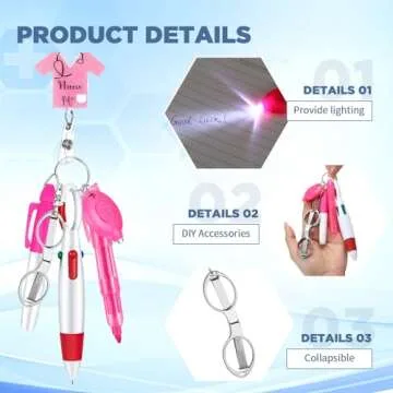 Engrowtic 6 Pcs Nurse Badge Accessories Include Permanent Marker Pen, Highlighter, Retractable Ball Pen, Badge Clip Retractable, Foldable Scissors, LED Flashlight Keychain for Nurses Week(Pink)
