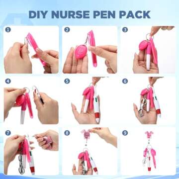 Engrowtic 6 Pcs Nurse Badge Accessories Include Permanent Marker Pen, Highlighter, Retractable Ball Pen, Badge Clip Retractable, Foldable Scissors, LED Flashlight Keychain for Nurses Week(Pink)