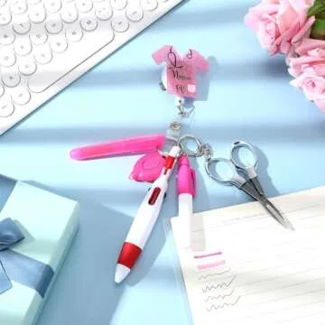 Engrowtic 6 Pcs Nurse Badge Accessories Include Permanent Marker Pen, Highlighter, Retractable Ball Pen, Badge Clip Retractable, Foldable Scissors, LED Flashlight Keychain for Nurses Week(Pink)