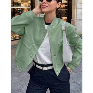 Lumister Women's Fashion Cropped Button Down Lightweight Cropped Bomber Jacket Varsity Shacket with Side Pockets(0605-PeaGreen-S)