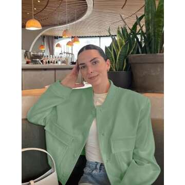 Lumister Women's Fashion Cropped Button Down Lightweight Cropped Bomber Jacket Varsity Shacket with Side Pockets(0605-PeaGreen-S)