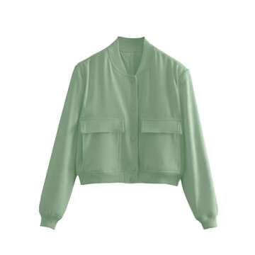 Lumister Women's Fashion Cropped Button Down Lightweight Cropped Bomber Jacket Varsity Shacket with Side Pockets(0605-PeaGreen-S)