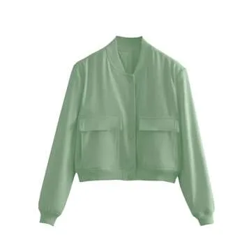 Lumister Women's Fashion Cropped Button Down Lightweight Cropped Bomber Jacket Varsity Shacket with Side Pockets(0605-PeaGreen-S)