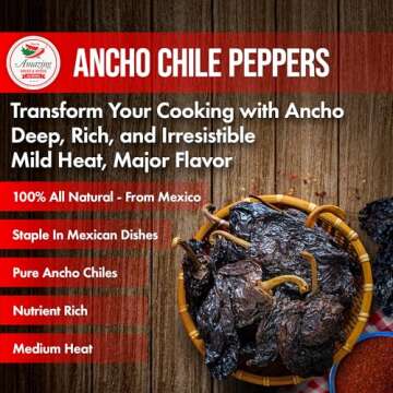 Dried Ancho Chiles Peppers 4 oz – Natural & Premium for Authentic Mexican Mole, Sauces, Stews, Salsas, and More! Sweet & Smoky Flavor with Mild to Medium Heat to Elevate Your Favorite Recipes.