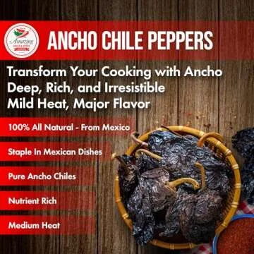 Dried Ancho Chiles Peppers 4 oz – Natural & Premium for Authentic Mexican Mole, Sauces, Stews, Salsas, and More! Sweet & Smoky Flavor with Mild to Medium Heat to Elevate Your Favorite Recipes.