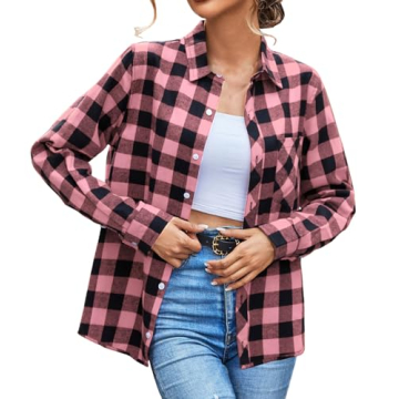 SANGTREE Womens Flannel Shirt, Casual Plaid Tops Long Sleeve Button Down Shirt for Women Pink Black ...