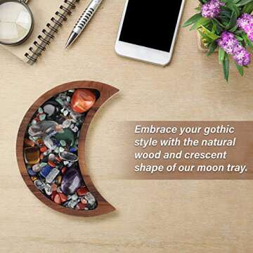 Curawood Crescent Moon Tray - Showcase Your Gems, Healing Stones & Treasures - 6"x3" Wooden Crystal Display Tray, Crystal Holder for Stones Display Shelf, Gemstone Rock Holder Charging Bowl, Walnut, S