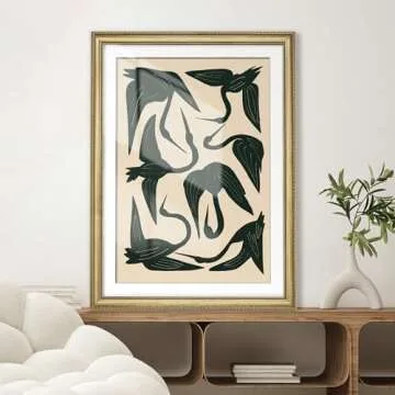 MUDECOR Premium Framed Wall Art Minimalist Abstract Birds in Dark Green for Living Room