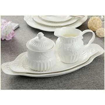 FUYU Relief White Ceramic Creamer and Sugar Bowl Set