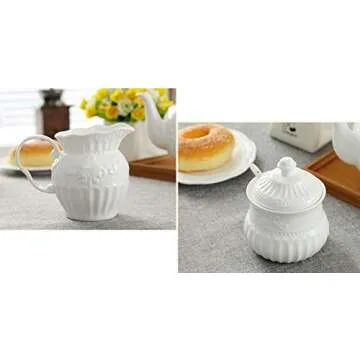 FUYU Relief White Ceramic Creamer and Sugar Bowl Set