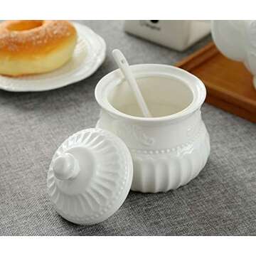 FUYU Relief White Ceramic Creamer and Sugar Bowl Set