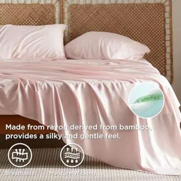 Bedsure Queen Sheet Set, Cooling Sheets for Queen Size Bed Set, Rayon Derived from Bamboo, Breathable & Soft Deep Pocket Up to 16 Inches, Hotel Luxury Silky Bedding, Bedsheet & Pillowcases, Pink
