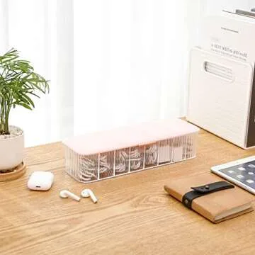 Yesesion Plastic Cable Management Box with Lid and 10 Wire Ties, Portable Clear Cord Storage Organizer with 8 Compartments, Electronics Bins Desk Accessories Case for Office Supply, Paper Clips(Pink)