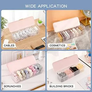 Yesesion Plastic Cable Management Box with Lid and 10 Wire Ties, Portable Clear Cord Storage Organizer with 8 Compartments, Electronics Bins Desk Accessories Case for Office Supply, Paper Clips(Pink)