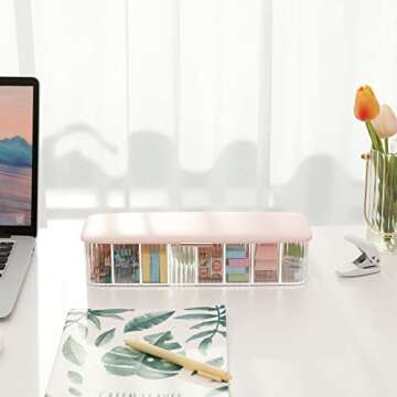 Yesesion Plastic Cable Management Box with Lid and 10 Wire Ties, Portable Clear Cord Storage Organizer with 8 Compartments, Electronics Bins Desk Accessories Case for Office Supply, Paper Clips(Pink)