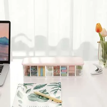 Yesesion Plastic Cable Management Box with Lid and 10 Wire Ties, Portable Clear Cord Storage Organizer with 8 Compartments, Electronics Bins Desk Accessories Case for Office Supply, Paper Clips(Pink)