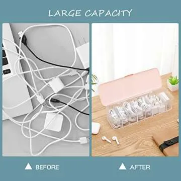 Yesesion Plastic Cable Management Box with Lid and 10 Wire Ties, Portable Clear Cord Storage Organizer with 8 Compartments, Electronics Bins Desk Accessories Case for Office Supply, Paper Clips(Pink)