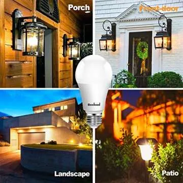 Boxlood Outdoor Dusk to Dawn LED Light Bulb (No Timer Required), Automatic On/Off Light Sensor Bulb, Built-in Photocell Detector, E26 A19 120V 6000K for Porch, Boundary, Garage, Entrance,9W 4 Pack