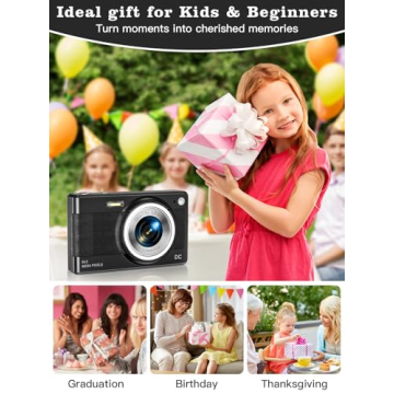 Upgrade Digital Camera, 56MP FHD 1080P Camera for Kids with 16x Zoom Anti Shake, Kid Camera with 32GB TF Card, Two Batteries, Lanyard, Compact Small Camera for Kids Boys Girls（Black）