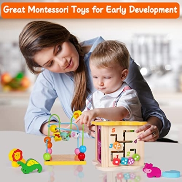 Wooden Baby Toys Activity Cube 6-in-1 Play Center Bead Maze Animal Shape Sorter Learning Montessori ...