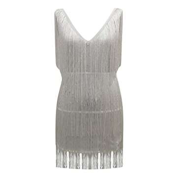 Oplxuo Cocktail Dresses for Women Sexy Deep V-Neck All-Over Fringe Spaghetti Straps Dress Sequins Feather Prom Party Dress