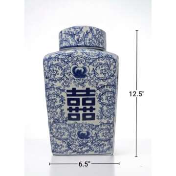 12.5" Classic Blue and White Porcelain Floral Square Jar Vase, China Ming Style, Jingdezhen, Double ...