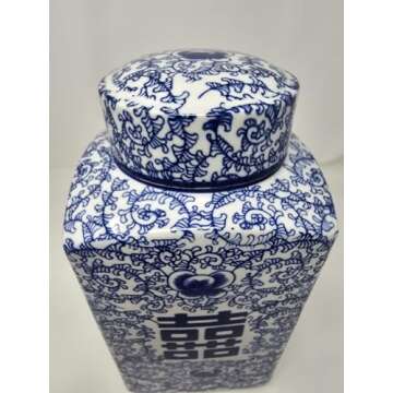 12.5" Classic Blue and White Porcelain Floral Square Jar Vase, China Ming Style, Jingdezhen, Double Happiness