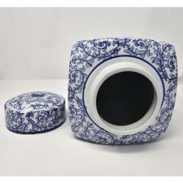 12.5" Classic Blue and White Porcelain Floral Square Jar Vase, China Ming Style, Jingdezhen, Double Happiness