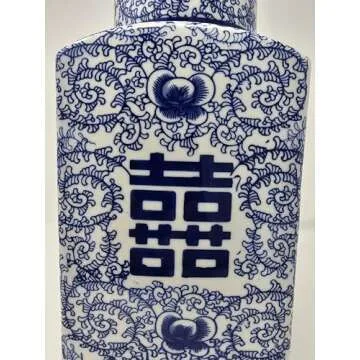 12.5" Classic Blue and White Porcelain Floral Square Jar Vase, China Ming Style, Jingdezhen, Double Happiness