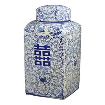 12.5" Classic Blue and White Porcelain Floral Square Jar Vase, China Ming Style, Jingdezhen, Double Happiness